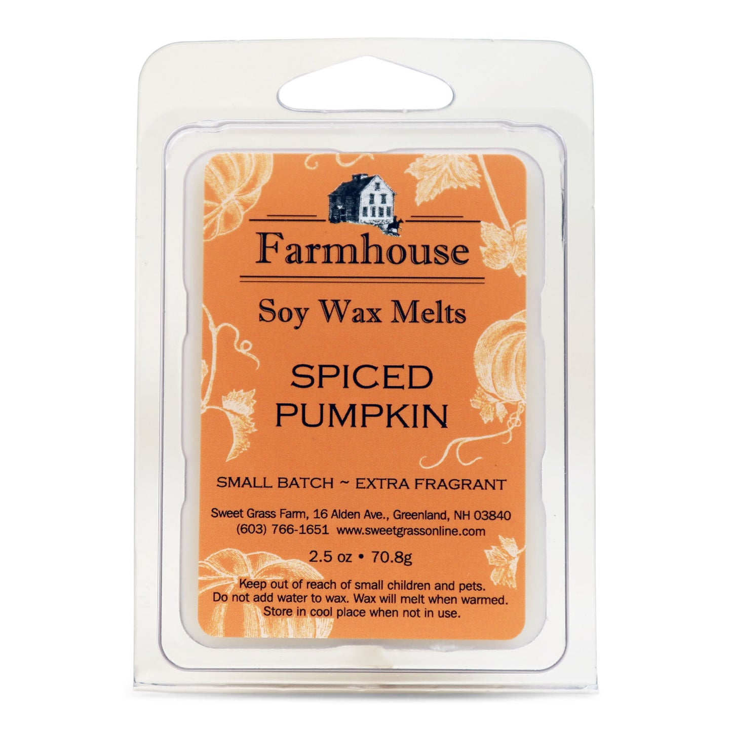 Packaging of Farmhouse brand soy wax melts with 'SPICED PUMPKIN' scent. The packaging is orange with an illustration of pumpkins  and text detailing product information.