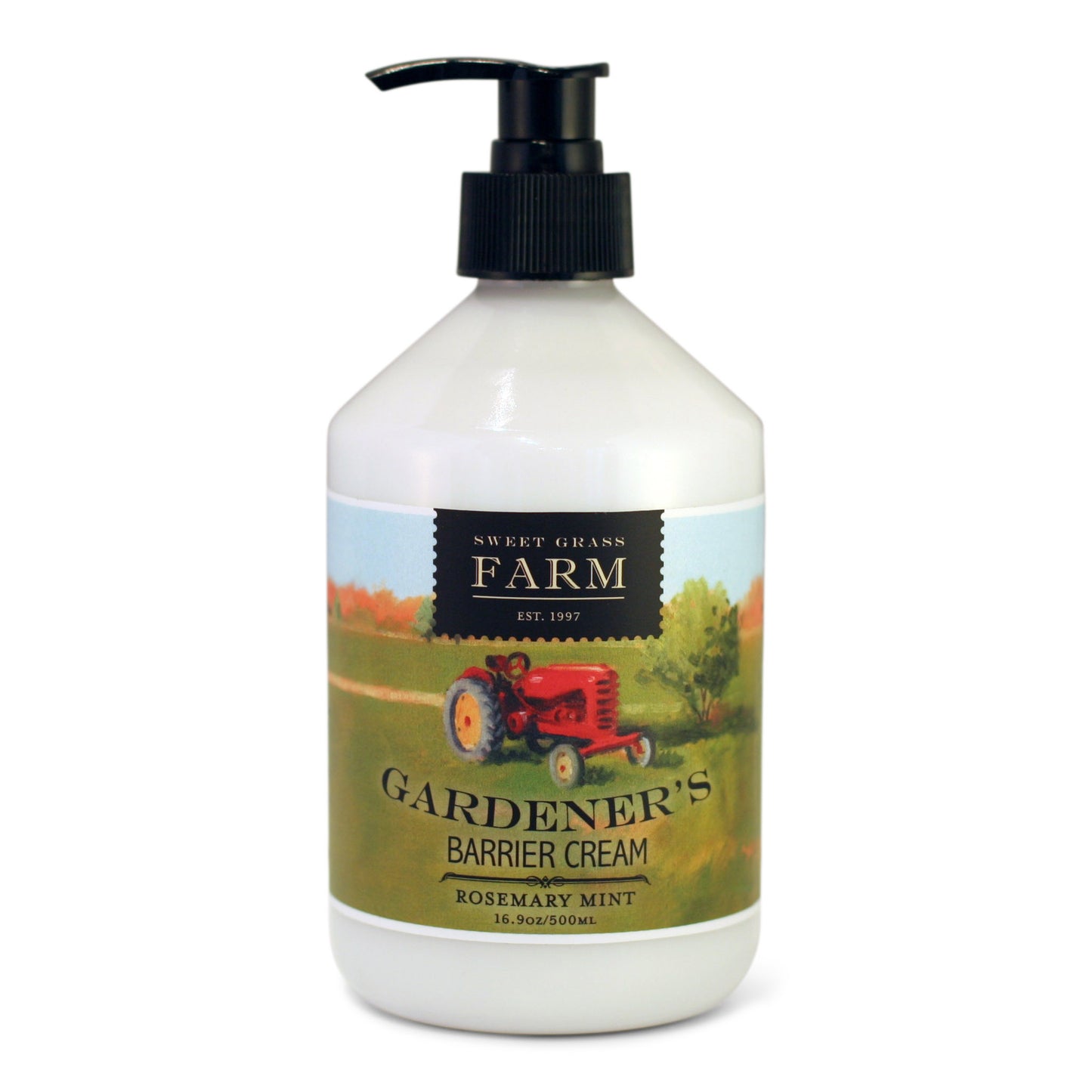 A pump bottle of Gardener's Barrier Cream with a label featuring a red tractor and a field, indicating it is a product from Sweet Grass Farm.