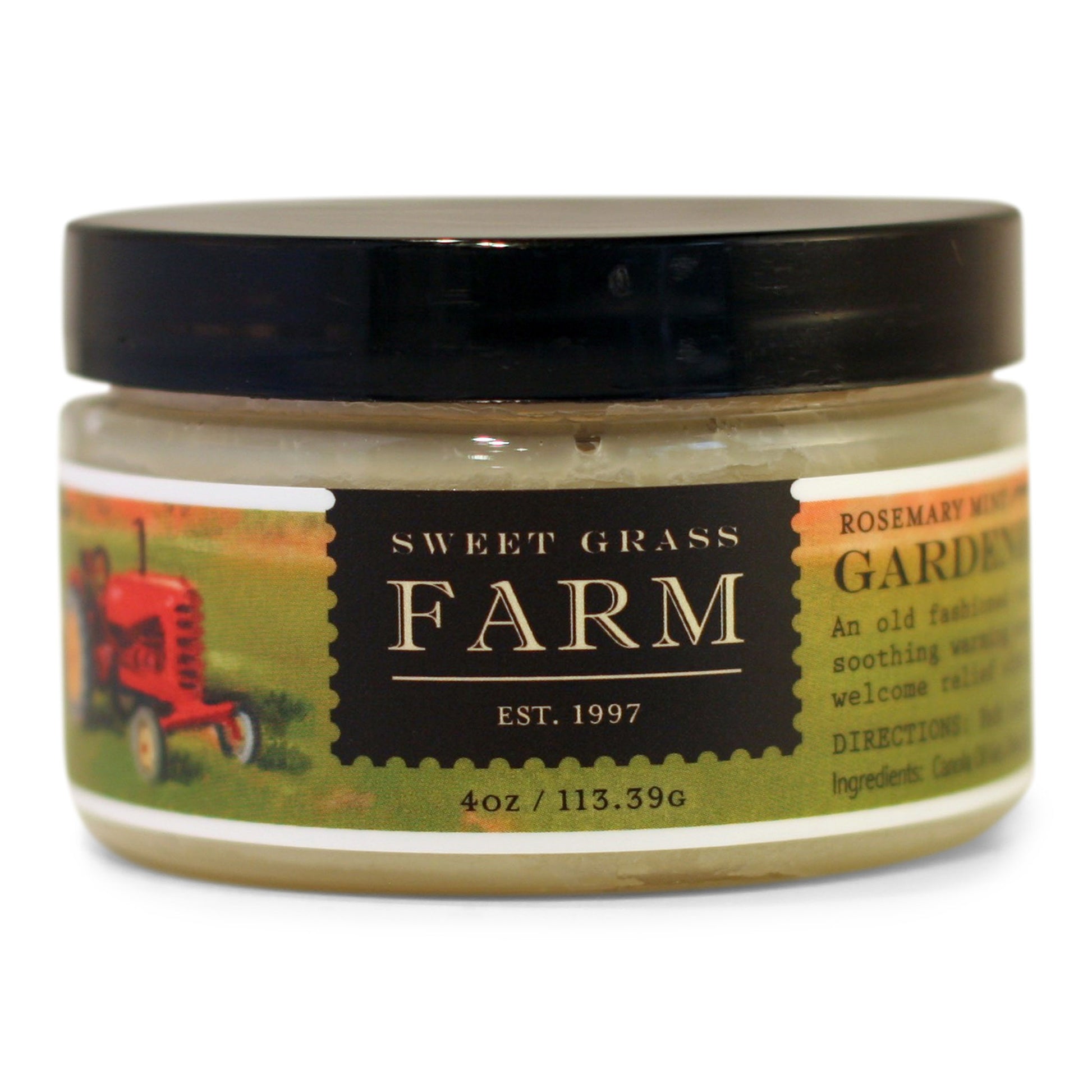 A jar of Gardener's Muscle Balm by Sweet Grass Farm with a label featuring a red tractor and a description of the product as a muscle balm.