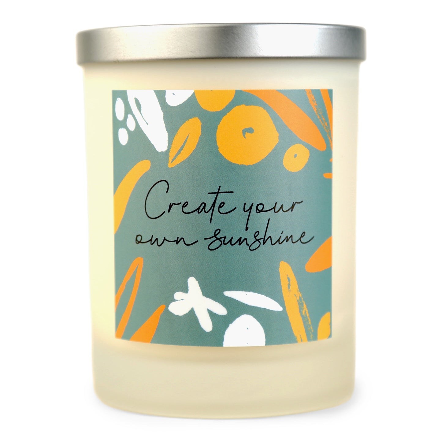 A white soy wax candle with a label that has 'Create Your Own Sunshine' written on it and colorful abstract shapes.