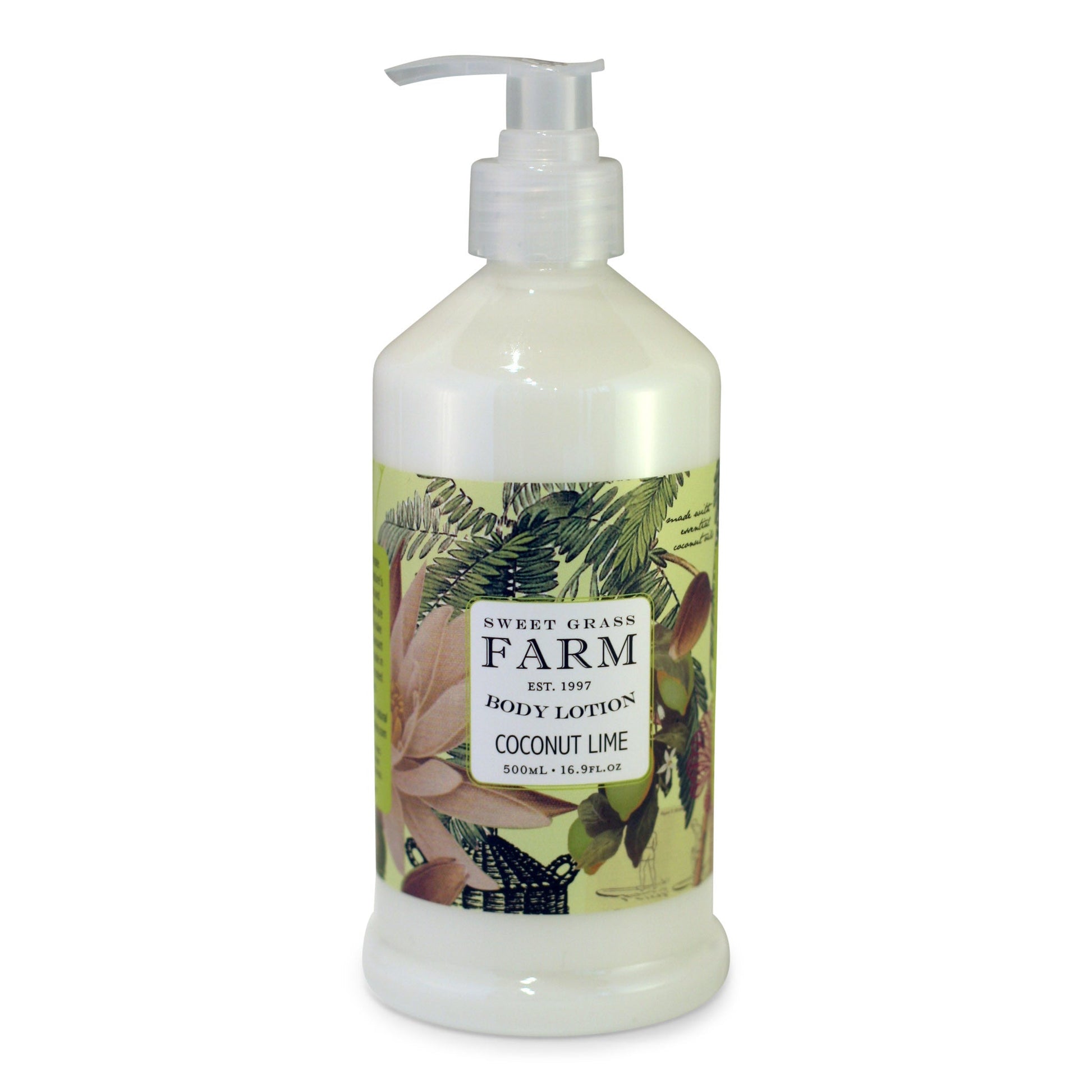 A pump bottle of body lotion labeled 'Sweet Grass Farm' with an image of wildflowers, coconut and limes on the label.