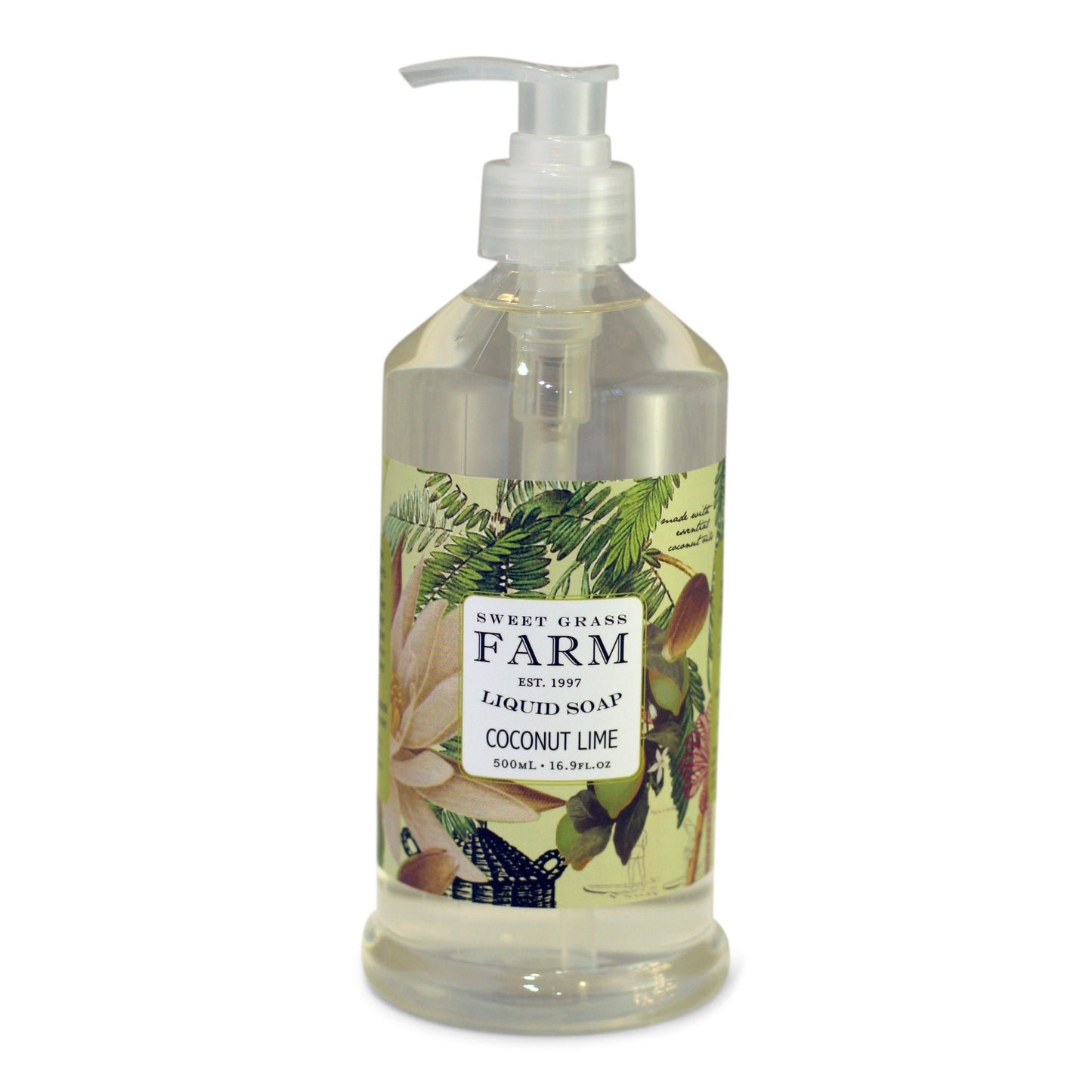 A pump bottle of liquid soap with a label featuring a floral design and the text 'SWEET GRASS FARM Liquid Soap COCONUT LIME'.