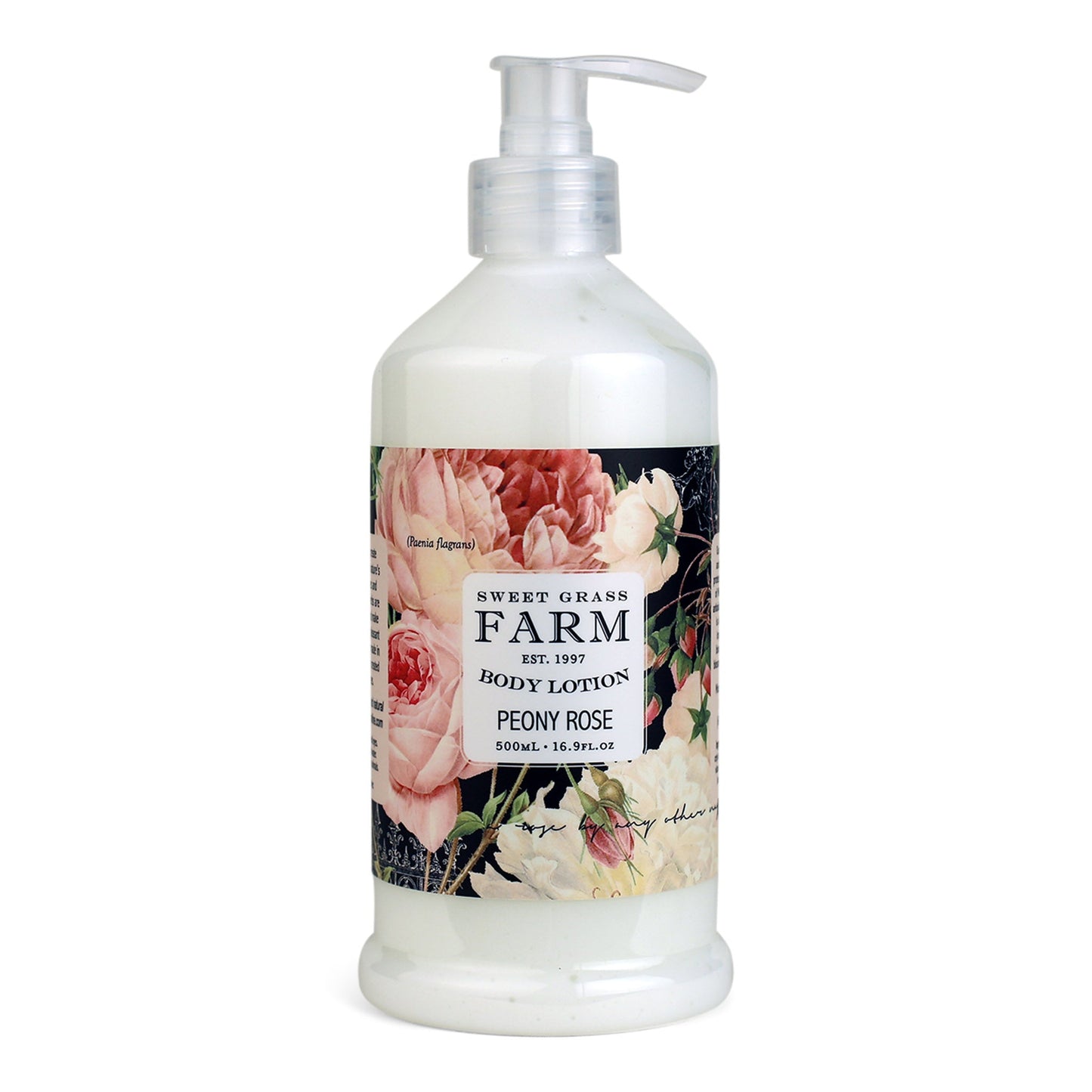 A pump bottle of body lotion labeled 'Sweet Grass Farm' with an image of wildflowers, peonies and roses on the label.