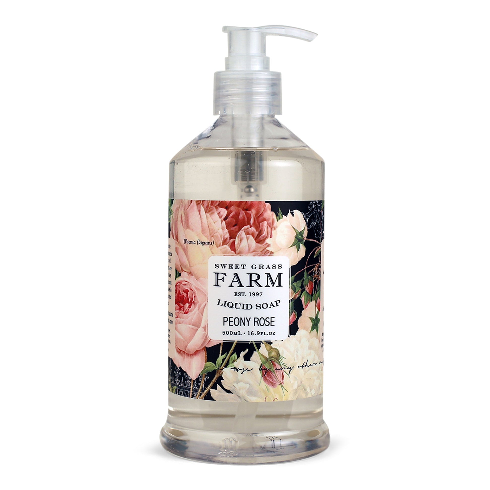 A pump bottle of liquid soap with a label featuring a floral design and the text 'SWEET GRASS FARM Liquid Soap PEONY ROSE'.