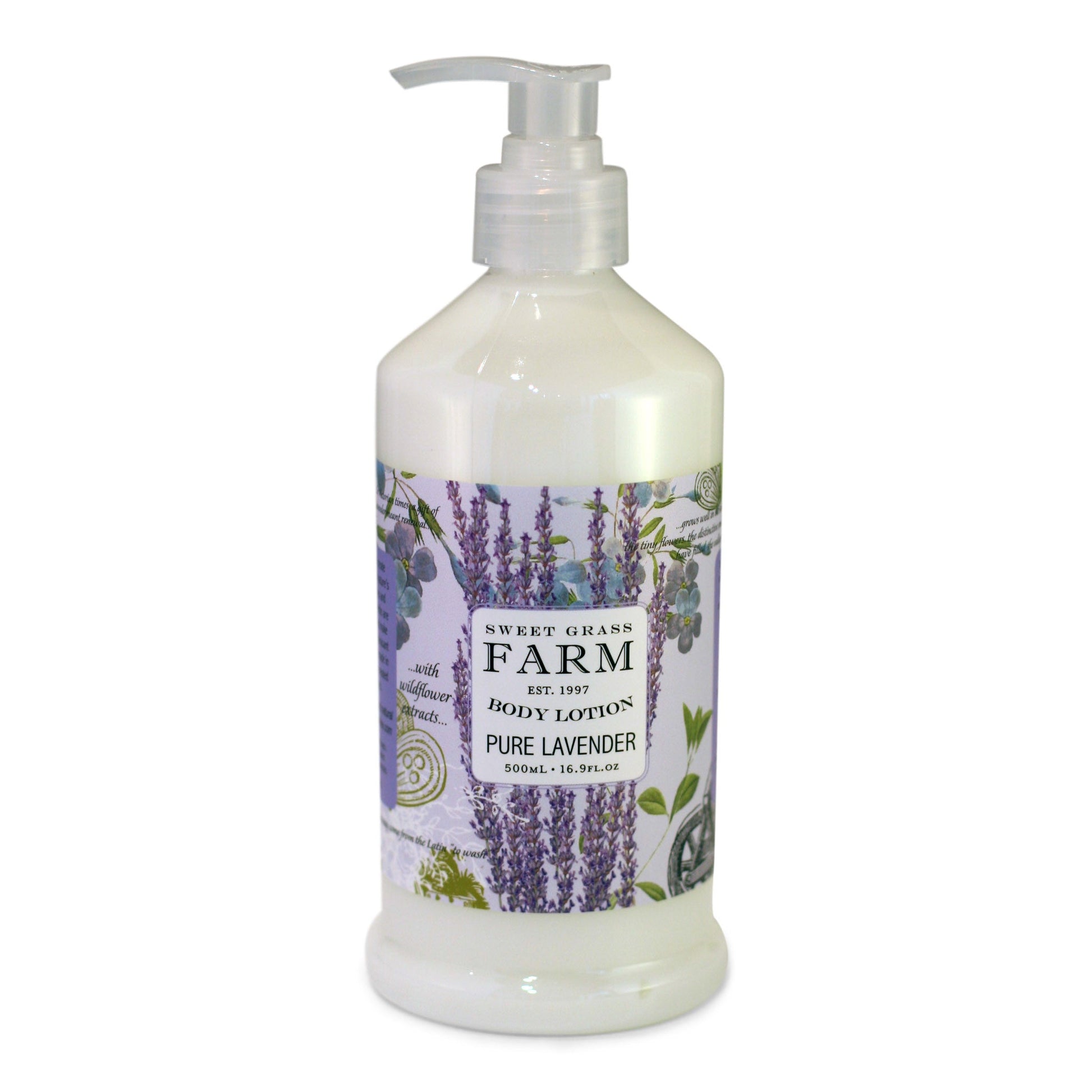 A pump bottle of body lotion labeled 'Sweet Grass Farm' with an image of wildflowers and lavender on the label.