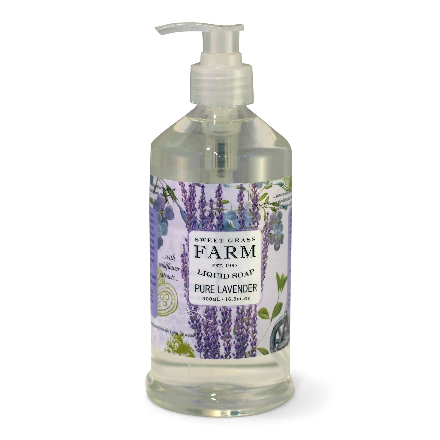 A pump bottle of liquid soap with a label featuring a floral design and the text 'SWEET GRASS FARM Liquid Soap PURE LAVENDER'.