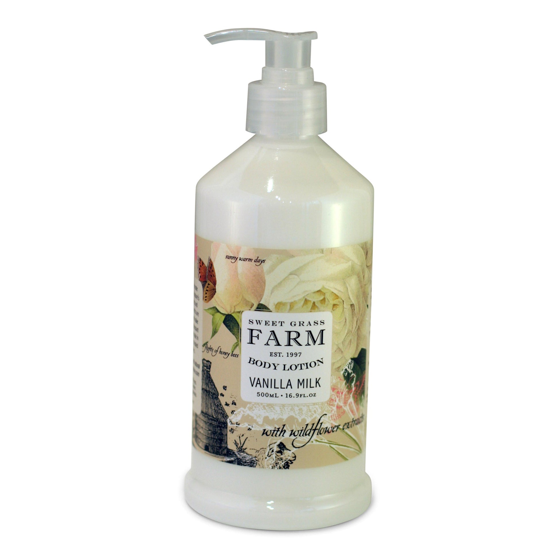 A pump bottle of body lotion labeled 'Sweet Grass Farm' with an image of wildflowers and roses on the label.