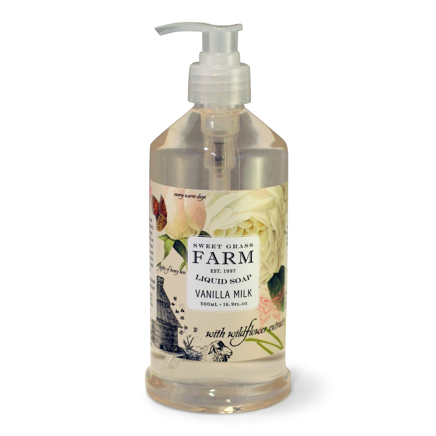 A pump bottle of liquid soap with a label featuring a floral design and the text 'SWEET GRASS FARM Liquid Soap VANILLA MILK'.