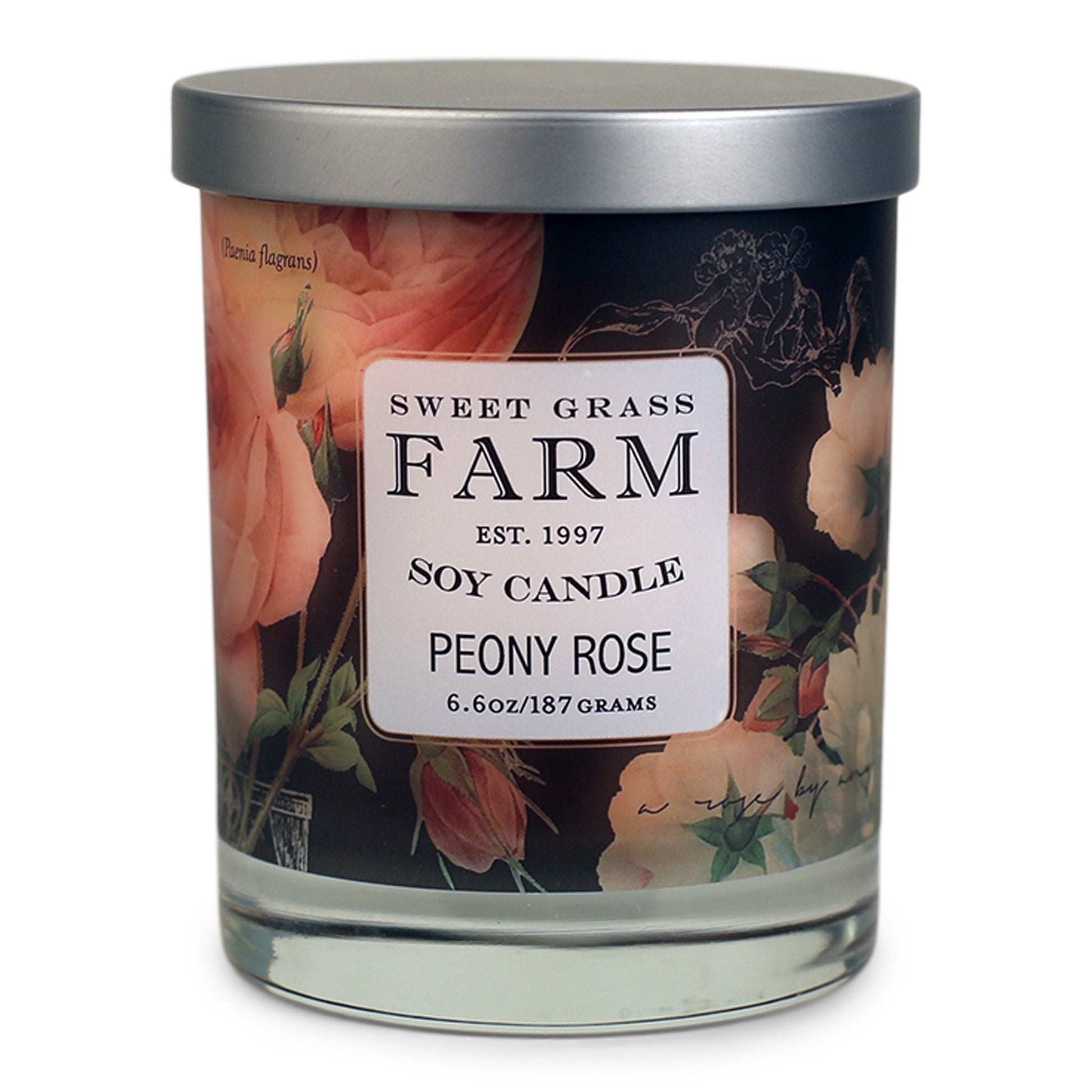 A soy wax candle in a clear tumbler with a label that reads 'Sweet Grass Farm Soy Candle, Peony Rose', with black and pink botanical images in the background.