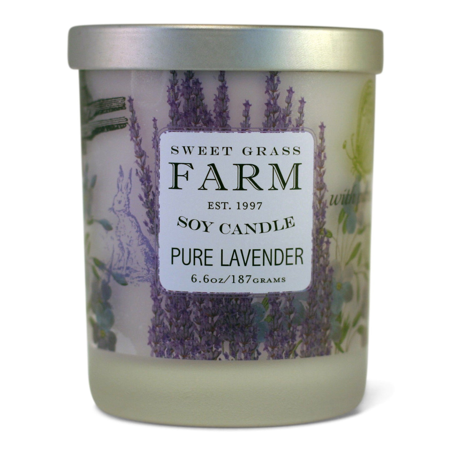 A soy wax candle in a clear tumbler with a label that reads 'Sweet Grass Farm Soy Candle, Pure Lavender', with purple and green botanical images in the background.
