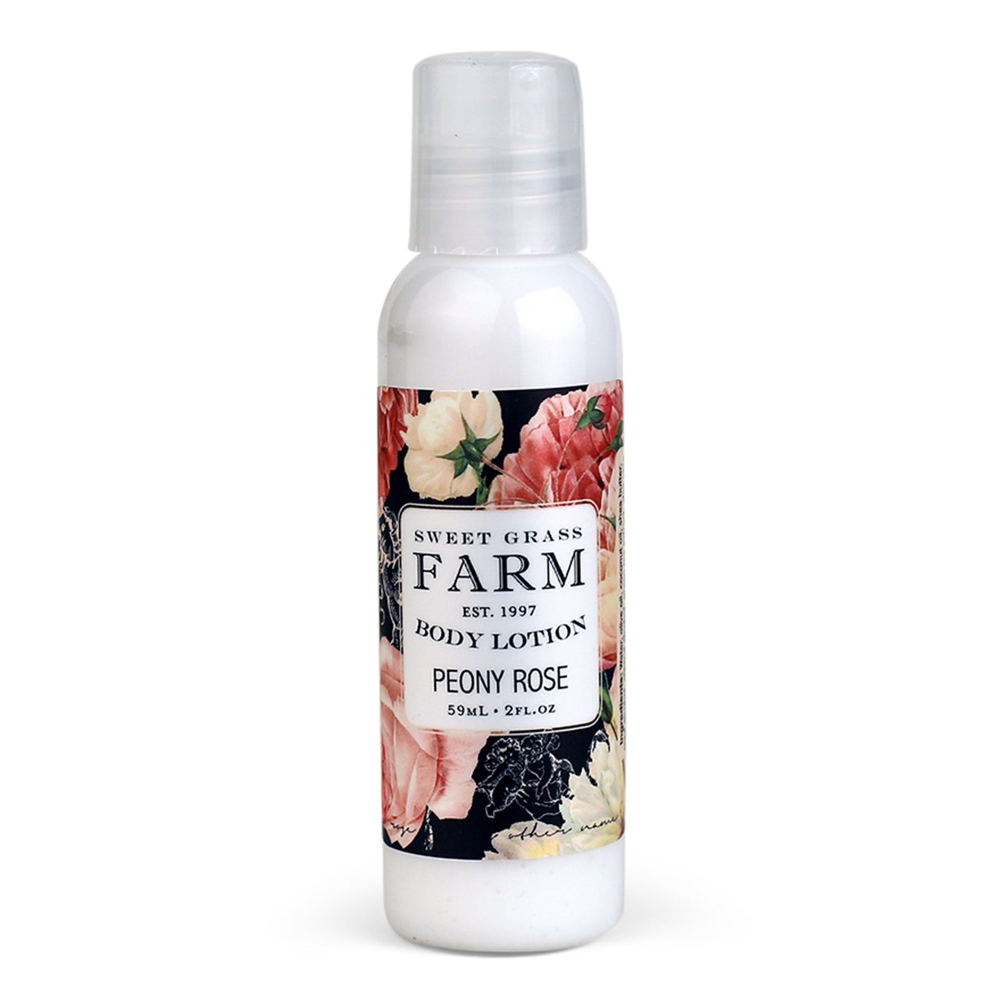 A bottle of body lotion labeled 'Sweet Grass Farm' with an image of wildflowers and the scent 'Peony Rose' indicated.