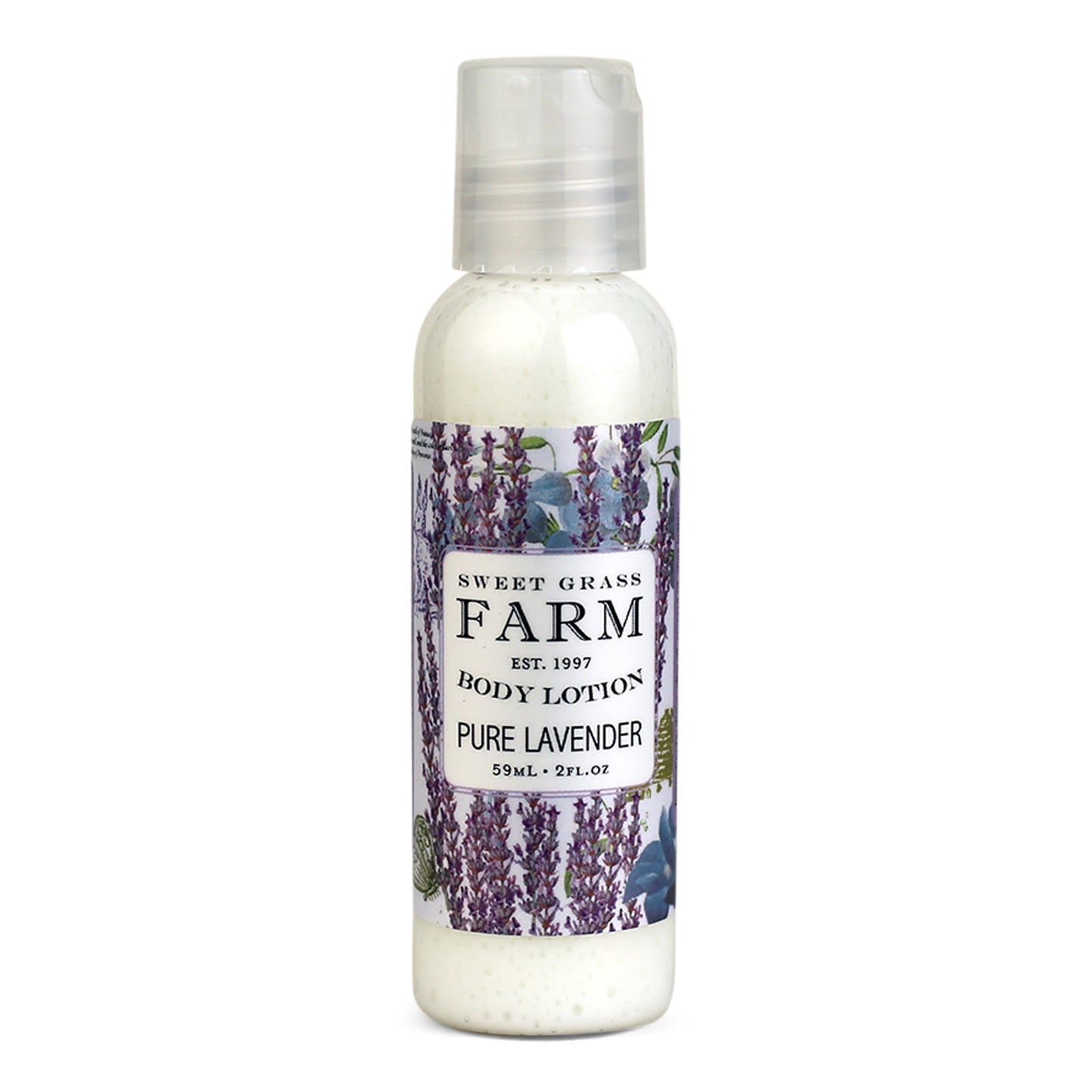 A bottle of body lotion labeled 'Sweet Grass Farm' with an image of wildflowers and the scent 'Lavender' indicated.