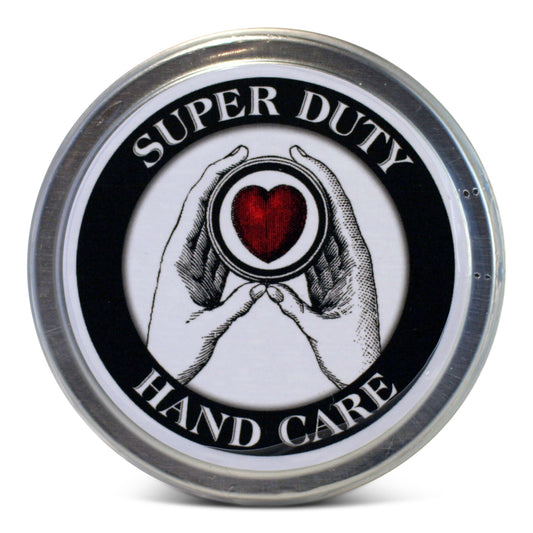 A metal tin with a label that reads 'Super Duty Hand Care' with a graphic of hands and a heart.