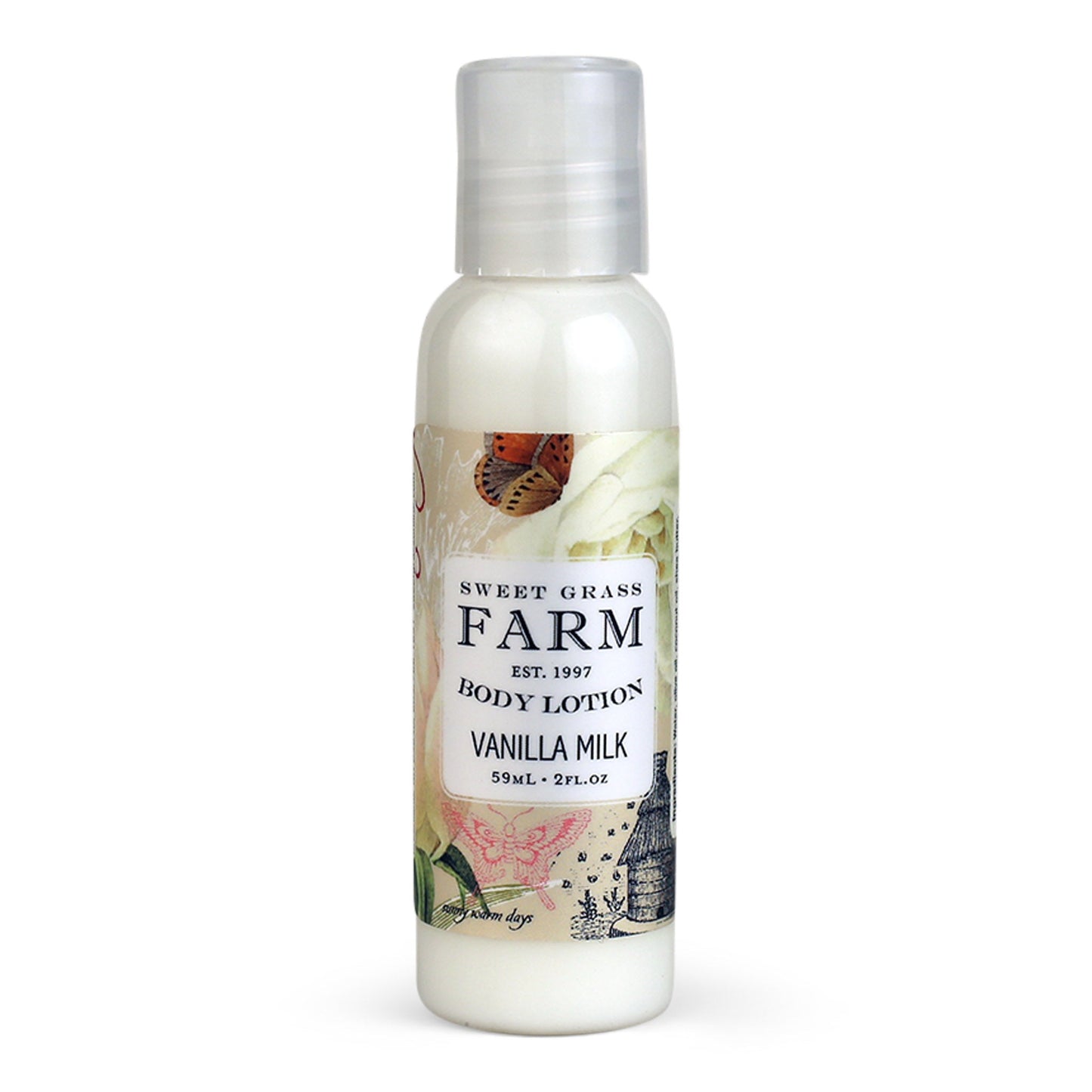 A bottle of body lotion labeled 'Sweet Grass Farm' with an image of wildflowers and the scent 'Vanilla Milk' indicated.